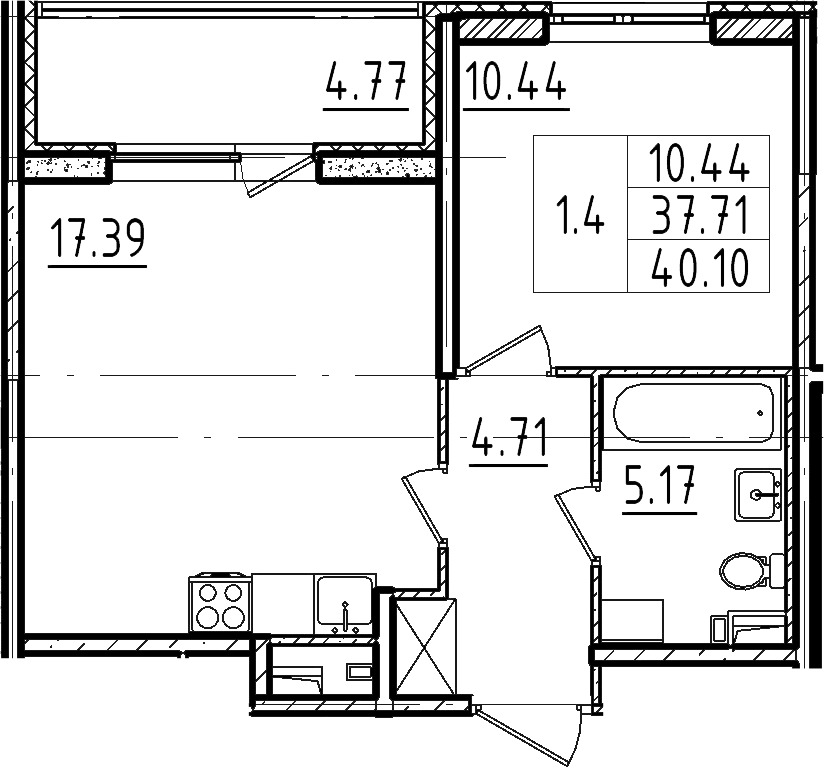 2-комнатная 42 м<sup>2</sup> на 3 этаже