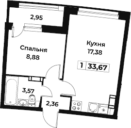 2-комнатная 32 м<sup>2</sup> на 3 этаже