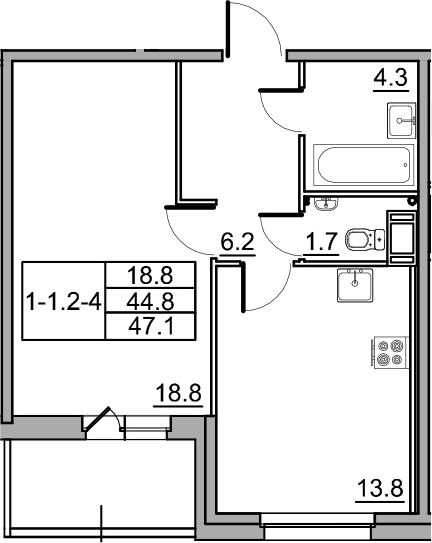 1-комнатная 49 м<sup>2</sup> на 12 этаже