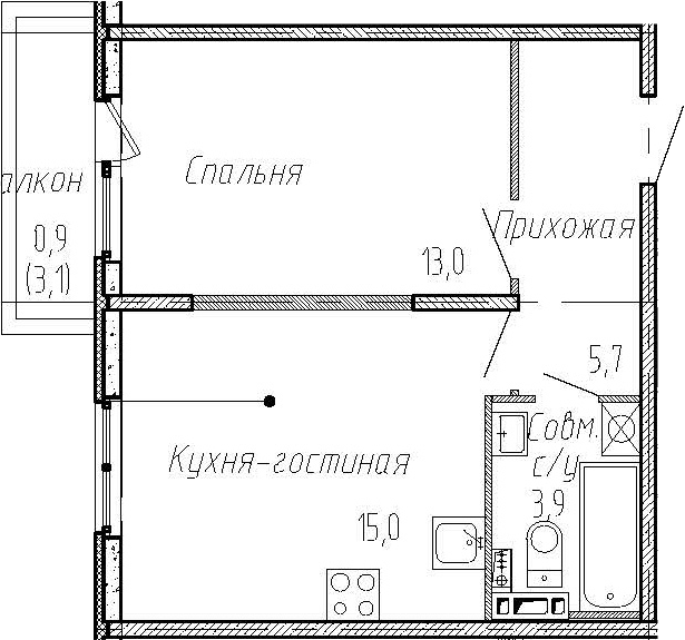 2-комнатная 40 м<sup>2</sup> на 2 этаже