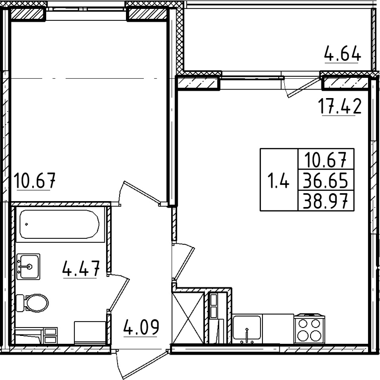 2-комнатная 41 м<sup>2</sup> на 3 этаже