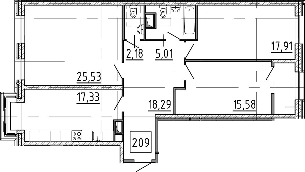 3-комнатная 101 м<sup>2</sup> на 5 этаже