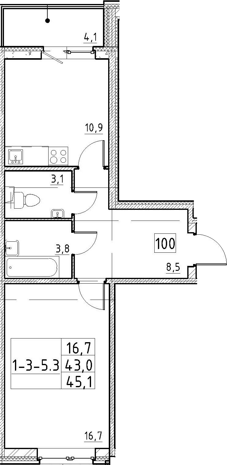 1-комнатная 47 м<sup>2</sup> на 1 этаже