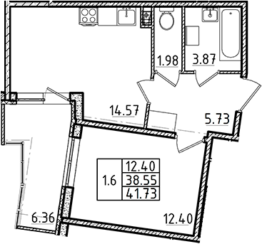 1-комнатная 44 м<sup>2</sup> на 1 этаже