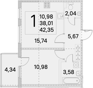 2-комнатная 38 м<sup>2</sup> на 1 этаже