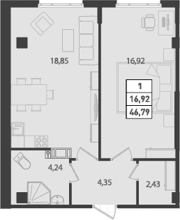 1-комнатная 46 м<sup>2</sup> на 11 этаже