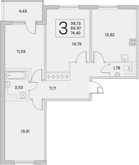3-комнатная 74 м<sup>2</sup> на 3 этаже
