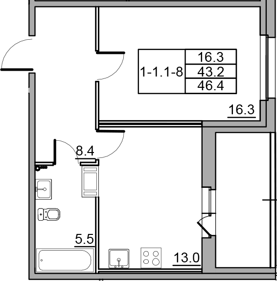 1-комнатная 49 м<sup>2</sup> на 14 этаже