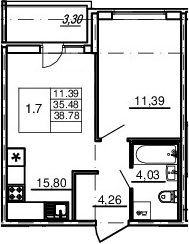 2-комнатная 35 м<sup>2</sup> на 10 этаже