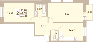 2-комнатная 61 м<sup>2</sup> на 10 этаже