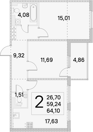 3-комнатная 64 м<sup>2</sup> на 4 этаже