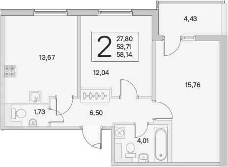 2-комнатная 53 м<sup>2</sup> на 5 этаже