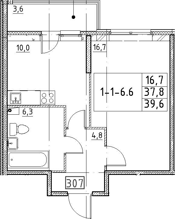 1-комнатная 41 м<sup>2</sup> на 1 этаже