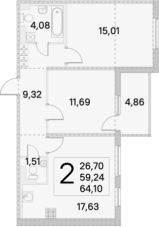 3-комнатная 64 м<sup>2</sup> на 5 этаже