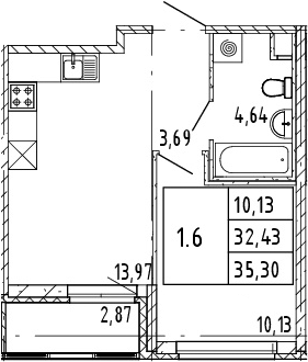2-комнатная 32 м<sup>2</sup> на 2 этаже
