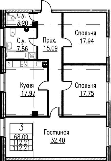 4-комнатная 112 м<sup>2</sup> на 3 этаже