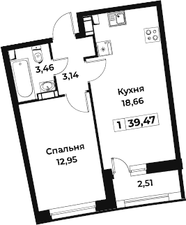 2-комнатная 38 м<sup>2</sup> на 7 этаже