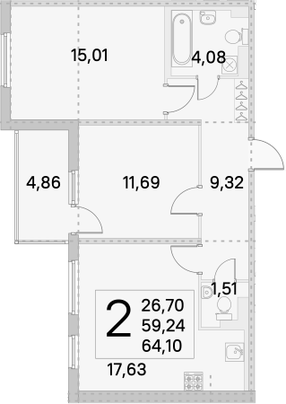3-комнатная 64 м<sup>2</sup> на 4 этаже