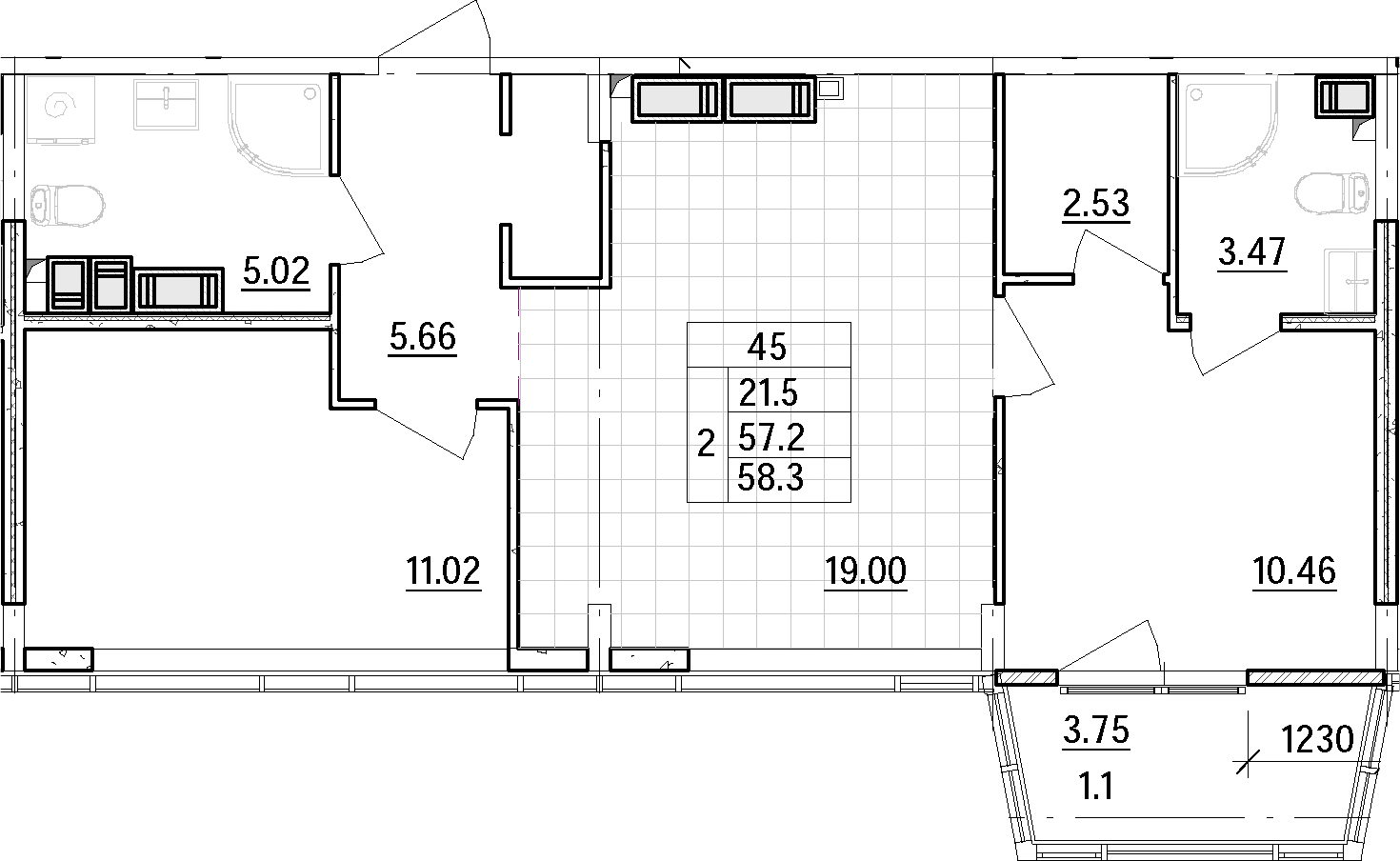 3-комнатная 57 м<sup>2</sup> на 11 этаже