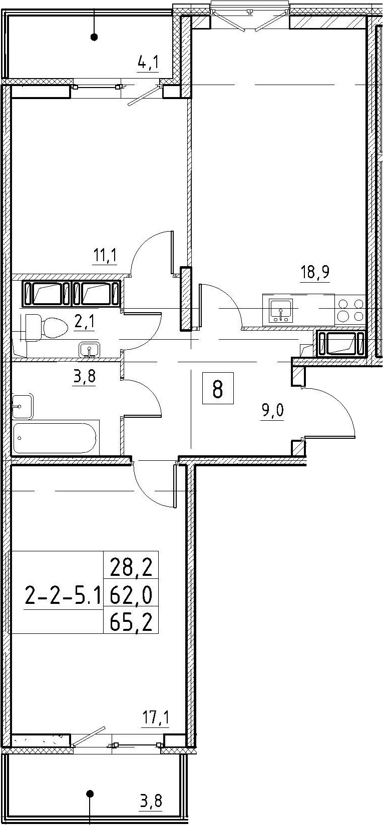 3-комнатная 69 м<sup>2</sup> на 2 этаже