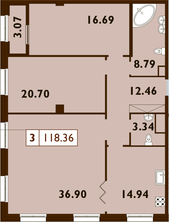 3-комнатная 116 м<sup>2</sup> на 7 этаже