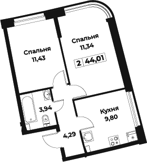 2-комнатная 44 м<sup>2</sup> на 1 этаже