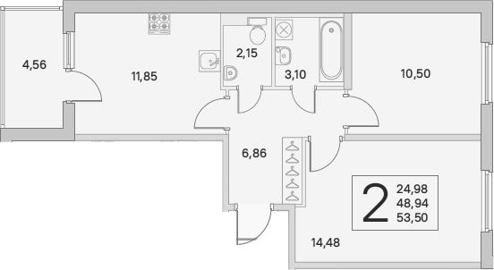 2-комнатная 48 м<sup>2</sup> на 1 этаже