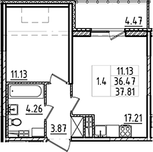 2-комнатная 40 м<sup>2</sup> на 5 этаже