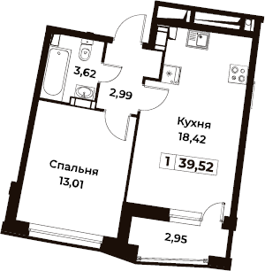 1-комнатная 38 м<sup>2</sup> на 2 этаже