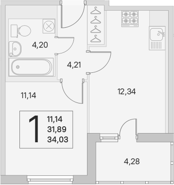 2-комнатная 31 м<sup>2</sup> на 6 этаже