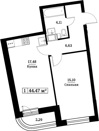 2-комнатная 43 м<sup>2</sup> на 13 этаже