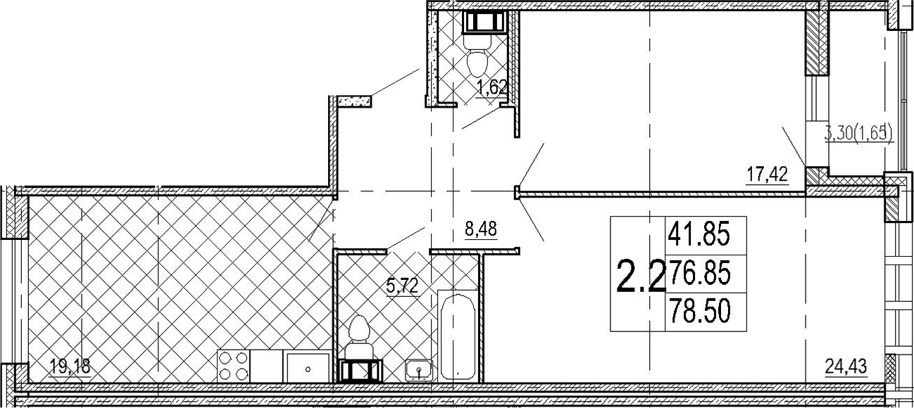 3-комнатная 76 м<sup>2</sup> на 4 этаже