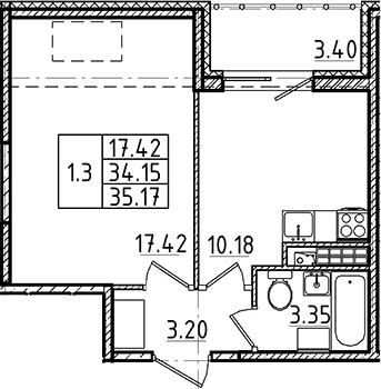 1-комнатная 37 м<sup>2</sup> на 5 этаже