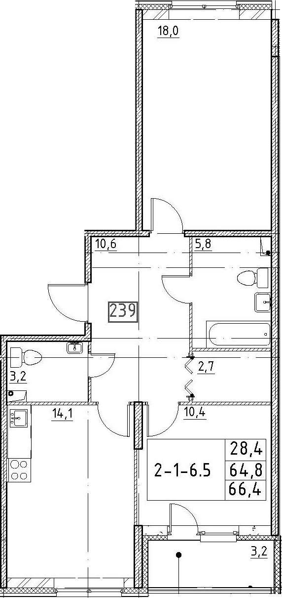 2-комнатная 68 м<sup>2</sup> на 1 этаже