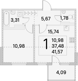 2-комнатная 37 м<sup>2</sup> на 4 этаже