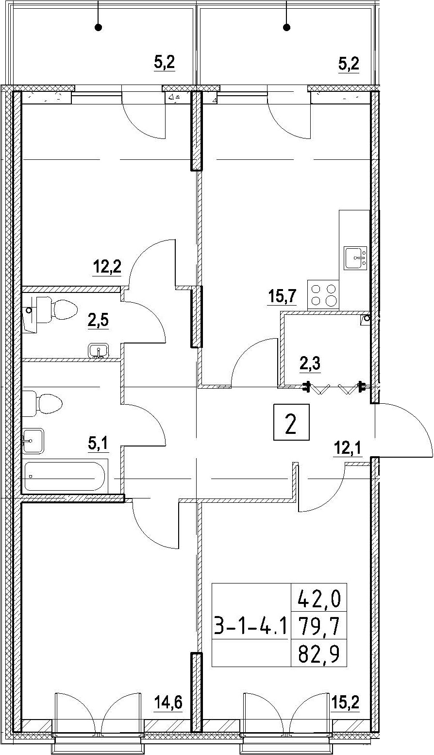 4-комнатная 90 м<sup>2</sup> на 2 этаже