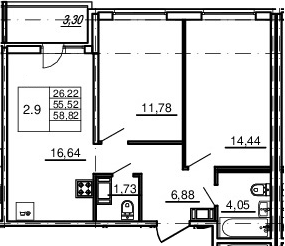 3-комнатная 55 м<sup>2</sup> на 15 этаже