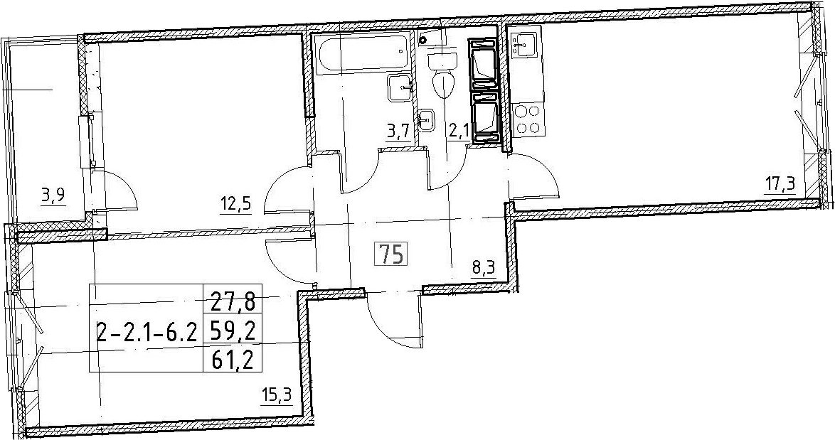 3-комнатная 63 м<sup>2</sup> на 3 этаже