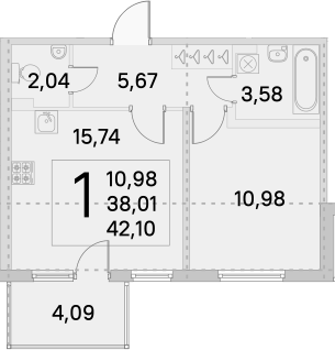 2-комнатная 42 м<sup>2</sup> на 1 этаже