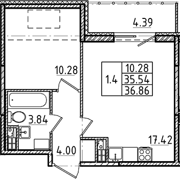 2-комнатная 39 м<sup>2</sup> на 5 этаже