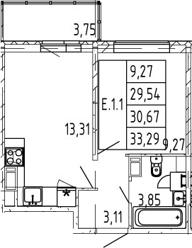 2-комнатная 29 м<sup>2</sup> на 10 этаже