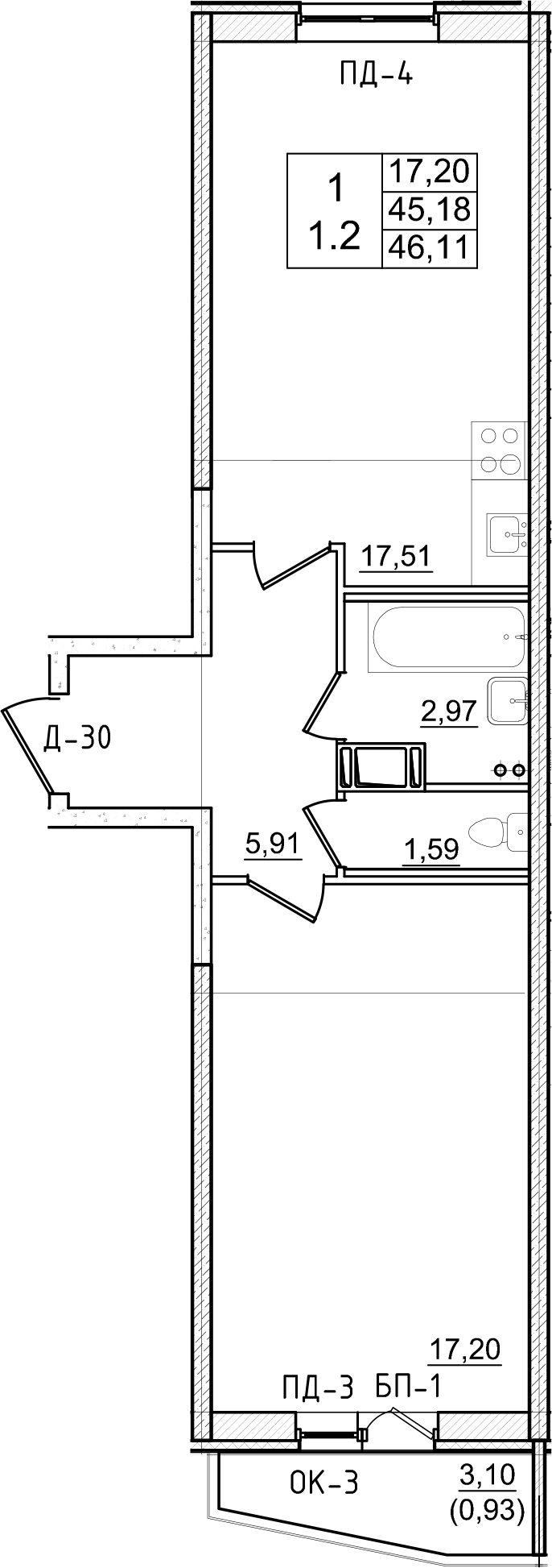 2-комнатная 45 м<sup>2</sup> на 6 этаже