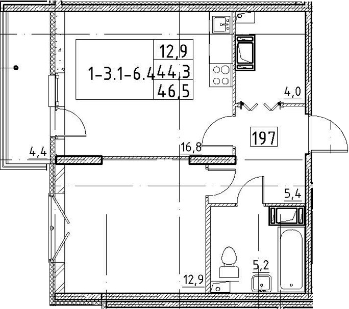 2-комнатная 48 м<sup>2</sup> на 3 этаже