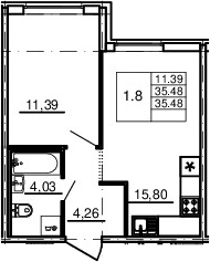 2-комнатная 35 м<sup>2</sup> на 2 этаже
