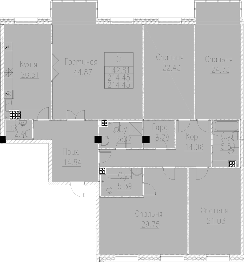 4-комнатная 214 м<sup>2</sup> на 4 этаже