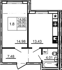1-комнатная 39 м<sup>2</sup> на 1 этаже