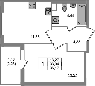 1-комнатная 33 м<sup>2</sup> на 1 этаже