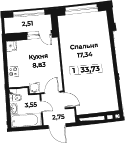 1-комнатная 32 м<sup>2</sup> на 1 этаже