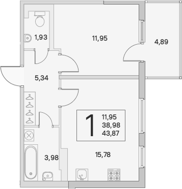 2-комнатная 43 м<sup>2</sup> на 3 этаже