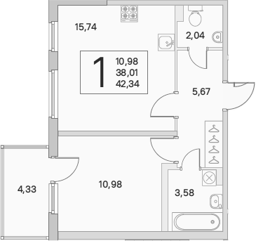 2-комнатная 42 м<sup>2</sup> на 1 этаже